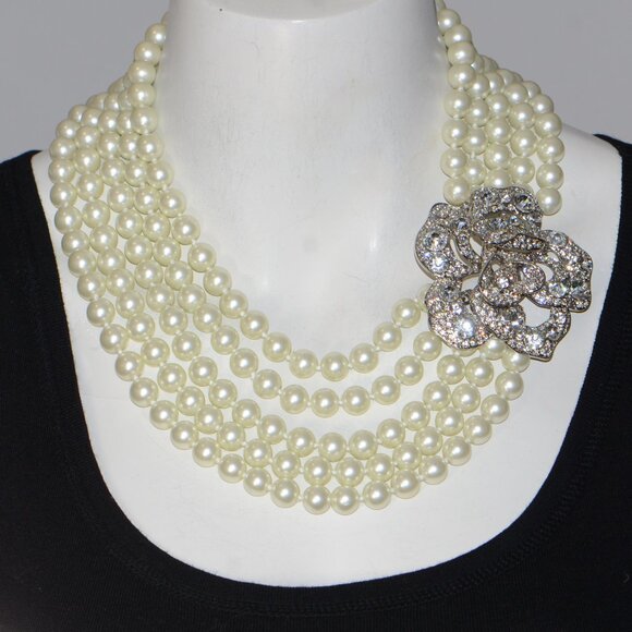 Kenneth Jay Lane KJL Glass Pearl & Crystal Flower Multi-Strand Necklace